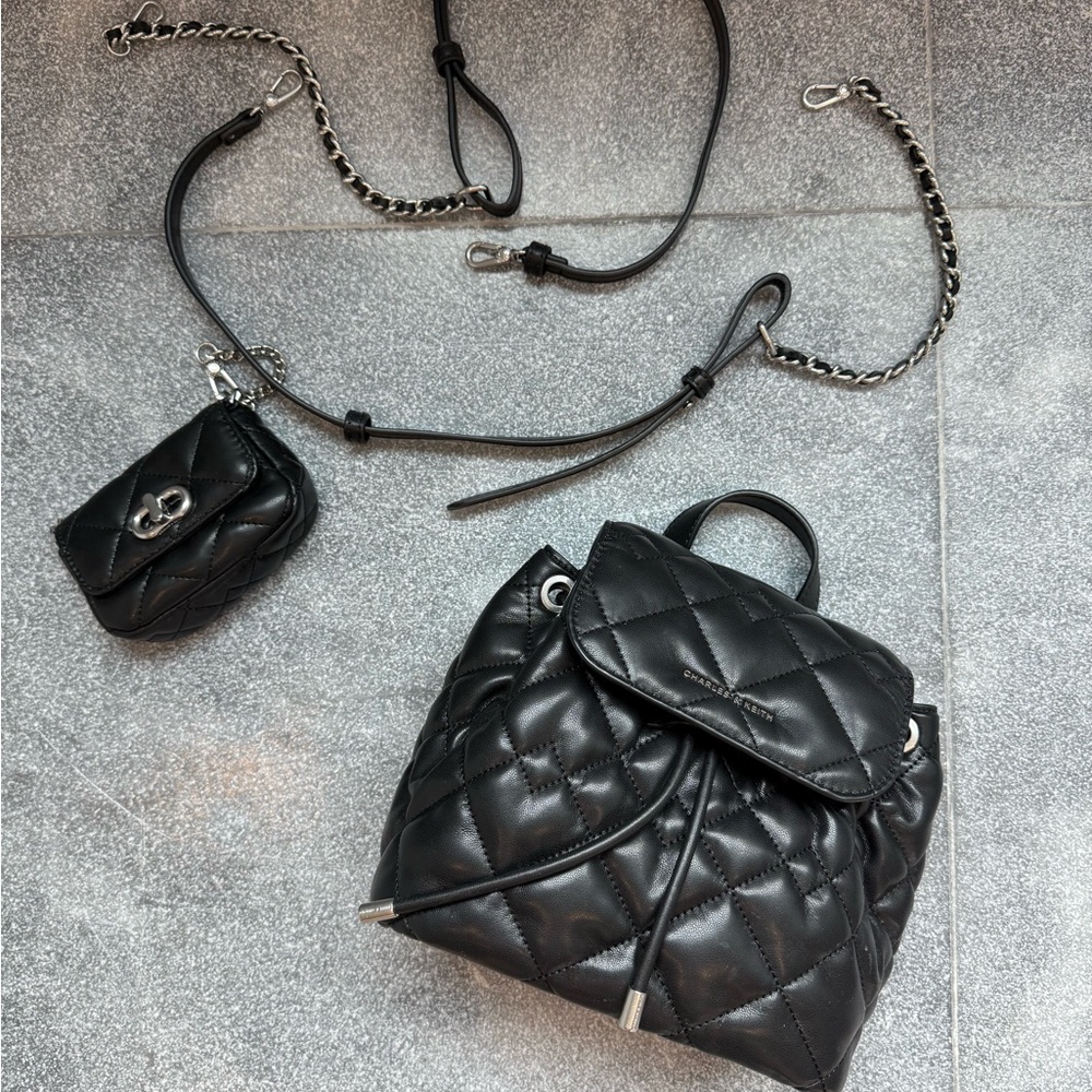 Charles & Keith Black Quilted Backpack and Mini Bag Set